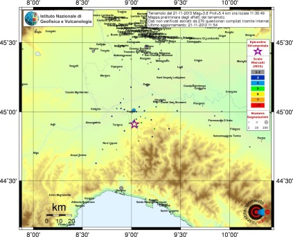 Mappa preliminare degli effetti del terremoto ML 3.8 delle 12:36 (ora italiana) tratta dall'elaborazione dei questionari inviati al sito www.haisentitoilterremoto.it 