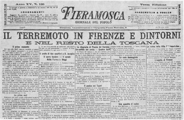 La notizia del terremoto occupa l’intera prima pagina dell’edizione di lunedì 20 maggio 1895 del giornale fiorentino “Fieramosca” (immagine da Cioppi, 1995).