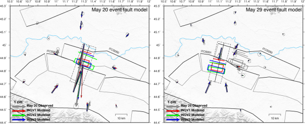 Figura 1: spostamenti co-sismici stimati (frecce grigie) dall'analisi di dati GPS e spostamenti modellati (frecce nere) per gli eventi del 20 (figura a sinistra) e del 29 maggio (figura a destra). Le box colorate indicano la proiezione in superficie delle faglie ottenute dall'inversione degli spostamenti osservati con diversi approcci (da Serpelloni et al., 2012). Le faglie in grigio rappresentano le strutture sismogeniche dal DISS (http://diss.rm.ingv.it).