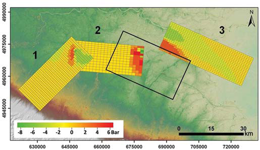 Figura 3: mappa della variazione di sforzo di Coulomb sui piani di faglia adiacenti alla faglia che ha generato il terremoto del 20 maggio, (da Pezzo et al., 2013). In rosso le variazioni di sforzo positive, in verde le variazioni di sforzo negative (espresse in Bar).