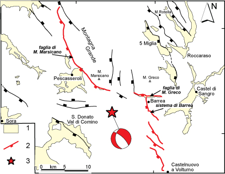 Carta geologica-strutturale dell’area della Marsica. Gli elementi della legenda si riferiscono a: (1) depositi Plio-Quaternari; (2) faglie (linee nere e rosse) riconosciute dai geologi in superficie, il rettangolo indica il lato che viene ribassato (zona cosiddetta di “tetto”) , con il tratto rosso sono state evidenziate le faglie discusse nel testo; (3) epicentro del terremoto del 7 maggio 1984. Da Pace et al. (2002).