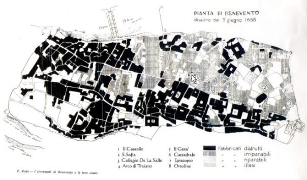 La pianta di Benevento con l'indicazione dei danni subito a seguito del terremoto del 5 giugno 1688 (fonte: V. Vari, 1927).
