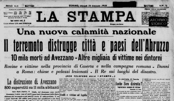 La prima pagina del quotidiano La Stampa del 14 gennaio 1914 (dall’archivio storico www.lastampa.it)