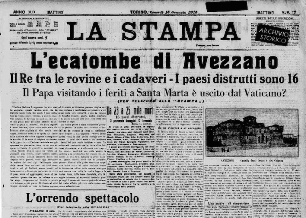 La prima pagina del quotidiano La Stampa del 15 gennaio 1914 (dall’archivio storico www.lastampa.it)