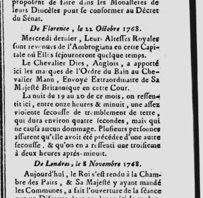 Particolare della figura precedente, con la lettera da Firenze del 22 ottobre 1768 che segnala l’avvertimento del terremoto nella capitale toscana (Gazette de France, n.93, 18 novembre 1768).
