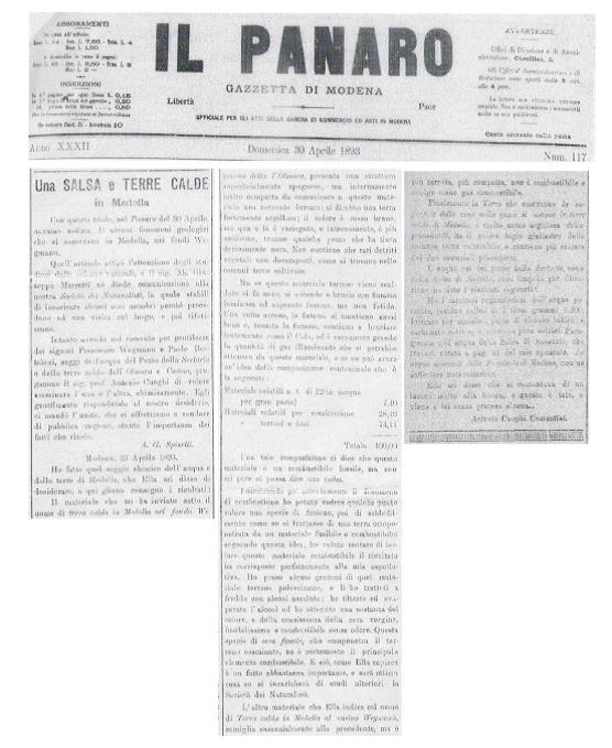 Articolo della Gazzetta di Modena del 1893 dal titolo "Una SALSA e TERRE CALDE in Medolla"