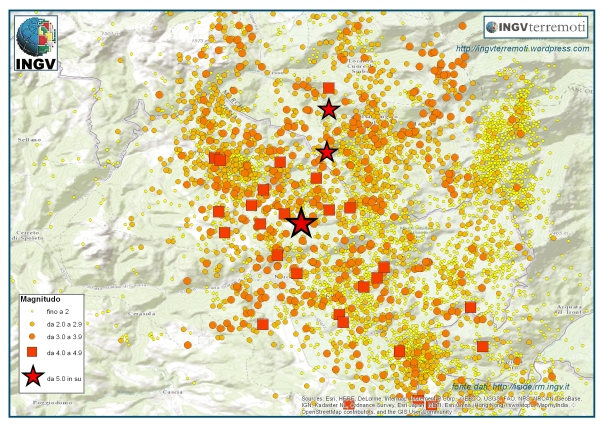 L'area della sequenza sismica in Italia Centrale dove si sono stati localizzati gli eventi più forti negli ultimi giorni di ottobre (la stella più grande rappresenta l'epicentro dell'evento di magnitudo 6.5 del 30 ottobre).